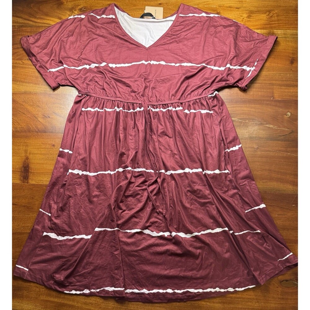 BloomChic Women’s Burgundy Tie Dye Stripe V-Neck Dress Plus Sz 18 - NWT